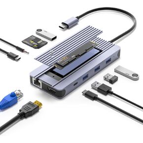 حاوية محرك الأقراص الصلبة SENTANK 6 في 1 USB C Hub M.2 NVMe SSD مع HDMI 4K@60 هرتز، 3 10 جيجابت في الثانية USB 3.0 و100 واط USB C PD منفذ شحن متوافق مع MacBook Pro/Air/Dell/Lenovo