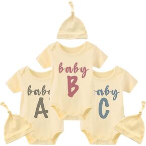 YSCULBUTOL Baby Twins Bodysuit Baby ABC Newborn Triplets Baby Outfits 3 Pack Toddler Romper With Hat Set