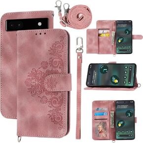 Wallet Case for Google Pixel 6A 5G 2022 with Wrist Strap Crossbody Shoulder Strap, Embossed Leather Flip Slim Card Holder Stand Cell Phone Accessories Cover for Pixel6A A6 Women Girls Purple