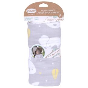 Playgro Fauna Friends Muslin Pram Blanket - Soft and Breathable 100% Organic Cotton Baby Blanket - Muslin Swaddle Blankets for Boys and Girls - Convenient 70x70cm Size