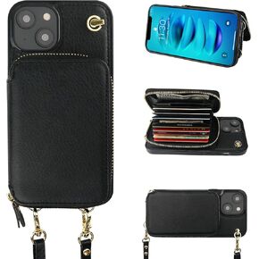 حافظة محفظة Bocasal Crossbody لهاتف iPhone 14 Plus، حافظة محفظة جلدية تحجب RFID مع حامل بطاقة، غطاء قلاب لحقيبة اليد مع سحاب حزام معصم للنساء 5G 6.7 بوصة (أسود)