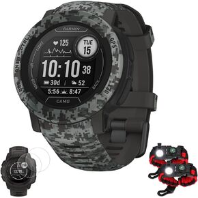 Garmin 010-02627-13 Instinct 2 Solar Smartwatch, Tactical Edition, Black Bundle with Deco Essentials 2X Tactical Emergency Paracord Multipurpose Bracelet and 2X Screen Protector