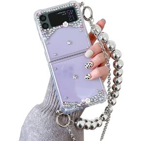 Omio Compatible with Samsung Galaxy Z Flip 3 5G Case with Crossbody Chain Strap Bracelet Cute 3D Handmade Sparkle Crystal Diamond Bling Glitter Hard PC Phone Case for Galaxy Z Flip 3 Women Girls Clear