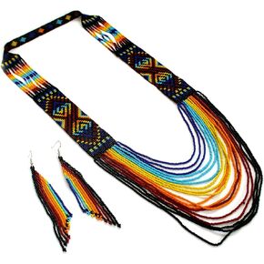 Layered Beaded Necklace – Boho Native Handmade Seed Bead Tassel Necklace, Bohemian Large Statement Beaded Necklace for Women and Girls (Black & White)