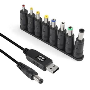 AITRIP USB to DC Power Cable 5V to 12V Boost Converter 8 Interchangeable Plug Connectors Adapters for Router, Mini Fan and Speaker（8-in-1）