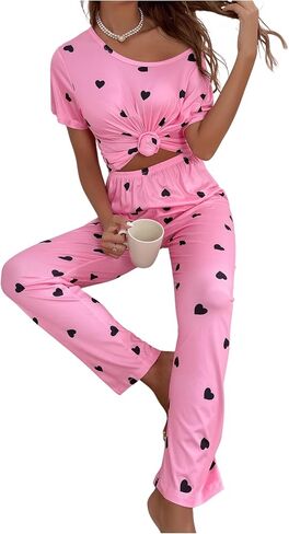 Women's 2 Piece Pajama Set Heart Print Short Sleeve Round Neck Tee Top and Pants Pj Set Cute Sleepwear in Saudi Arabia
