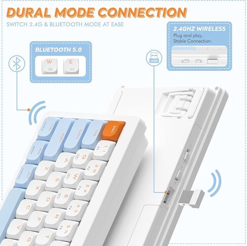 A.JAZZ AKL680 65% Low Profile Wireless Mechanical Keyboard, BT/2.4Ghz Dual Mode 68 Keys Gaming Keyboard with Ultra-Thin Brown Switches for PC/Laptop/Windows/Mac(White/Blue) in Kuwait