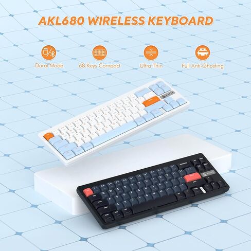 A.JAZZ AKL680 65% Low Profile Wireless Mechanical Keyboard, BT/2.4Ghz Dual Mode 68 Keys Gaming Keyboard with Ultra-Thin Brown Switches for PC/Laptop/Windows/Mac(White/Blue) in Kuwait