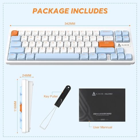A.JAZZ AKL680 65% Low Profile Wireless Mechanical Keyboard, BT/2.4Ghz Dual Mode 68 Keys Gaming Keyboard with Ultra-Thin Brown Switches for PC/Laptop/Windows/Mac(White/Blue) in Kuwait