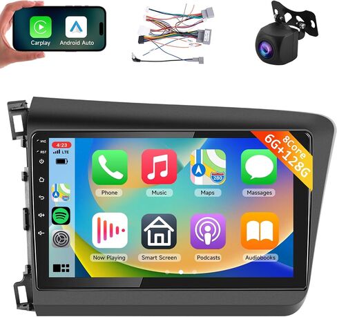[8Core 4+64G] Car Stereo for Honda Civic 2012-2015 Wireless Carplay Android Auto,9" 1280 * 720P IPS Touch Screen Radio, Android15/GPS/5G WiFi/32EQ DSP/59UI/Bluetooth5.0/SWC+AHD Backup Camera&Mic in Saudi Arabia