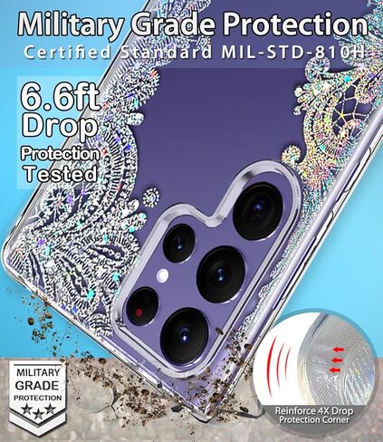 حافظة Coolwee Clear Glitter لهاتف Galaxy S24 Ultra - 6.8 بوصة، مقاومة للصدمات رفيعة ورفيعة من الدانتيل الكريستالي اللامع للنساء بظهر صلب ناعم من مادة TPU غطاء واقٍ لهاتف Samsung S24 Ultra Mandala Henna in Kuwait