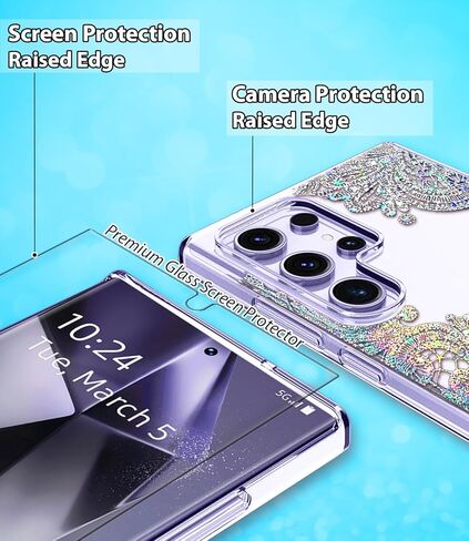 حافظة Coolwee Clear Glitter لهاتف Galaxy S24 Ultra - 6.8 بوصة، مقاومة للصدمات رفيعة ورفيعة من الدانتيل الكريستالي اللامع للنساء بظهر صلب ناعم من مادة TPU غطاء واقٍ لهاتف Samsung S24 Ultra Mandala Henna in Kuwait