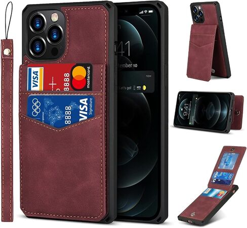 iCoverCase for iPhone 12/12 Pro Wallet Case with Card Holder [RFID Blocking] Premium PU Leather Kickstand Magnetic Clasp Shockproof Card Slots Case with Wrist Strap (Wine Red) in Saudi Arabia
