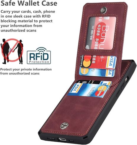 iCoverCase for iPhone 12/12 Pro Wallet Case with Card Holder [RFID Blocking] Premium PU Leather Kickstand Magnetic Clasp Shockproof Card Slots Case with Wrist Strap (Wine Red) in Saudi Arabia