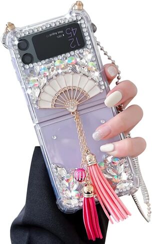 Omio متوافق مع حافظة Samsung Galaxy Z Flip 3 5G مع حزام سلسلة متقاطعة وسوار لطيف ثلاثي الأبعاد مصنوع يدويًا من الكريستال اللامع والماس اللامع جراب هاتف صلب من البولي كربونات لهاتف Galaxy Z Flip 3 نساء بنات شفاف in Kuwait