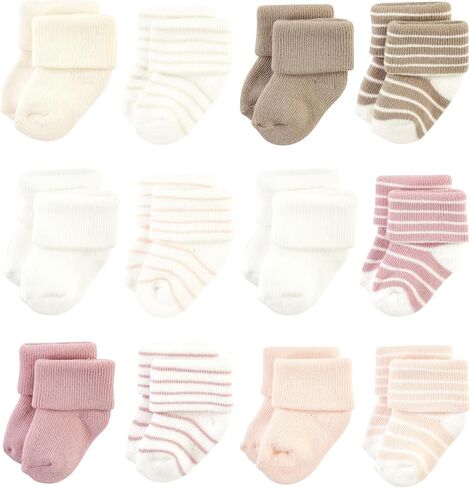 Hudson Baby Unisex Baby Cotton Rich Newborn and Terry Socks, Beige Stripe 12 Pack, 6-12 Months in Kuwait