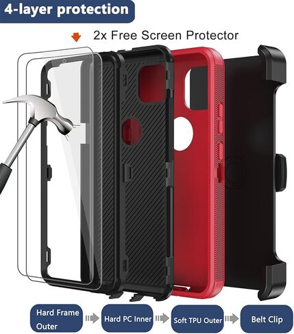حافظة لهاتف Motorola One 5G Ace، حافظة Moto One 5G Ace، مع حافظة بمشبك حزام، 2 × واقي شاشة، غطاء حماية مقاوم للصدمات لكامل الجسم من الدرجة العسكرية لهاتف Motorola Moto One 5G Ace (أحمر) in Kuwait
