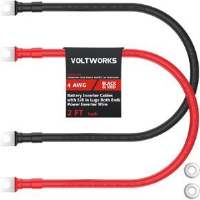 VOLTWORKS 4 AWG Gauge Red + Black Pure Copper Battery Inverter Cables Solar, RV, Car, Boat 6ft 3/8 in Lugs