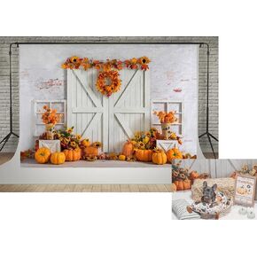 Kate 7x5ft Happy Thanksgiving Pumpkin Bumper Harvest Photo Backdrops White Wall White Wooden Door Halloween Autumn Sunflowers Background Studio Kids Baby Shower Shooting Backdrop