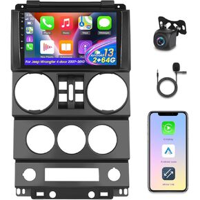 [2+64] Car Radio for Jeep Wrangler 4 Door 2007-2010 with Wireless Carplay & Android Auto - 9 Inch Touchscreen Android Car Stereo with Hi-Fi/GPS Navigation/WiFi/SWC + AHD Backup Camera