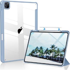 Kenke New iPad Pro 12.9 Inch Case with Pencil Holder 6th/5th/4th Gen 2022/2021/2020, Slim Smart Protective Cover Support 2nd Gen Pencil Charging Acrylic Hard PC Transparent Back Shell (Mist Blue)