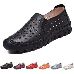 Women's Soft Leather Ortho 4D Pain Relief Loafers,Hollow Slip-on Flat Orthopedic Sneakers,Fashion Breathable Hand-Stitching Non-Slip Mom Comfort Walking Shoes