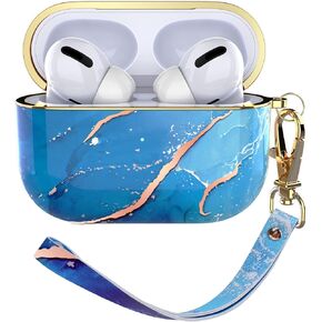 AirPods Pro Case Cover, Shockproof Airpod Pro Case for Women, Marble Protective Hard Case Cover with Portable Wrist Strap, Blue