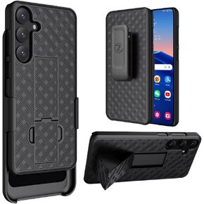 ZASE Compatible with Samsung Galaxy S24 5G (6.2-inch) 2024 Holster Belt Clip Phone Case Tough Super Slim Rugged Protective Cover Armor Defender Strong Clip Kickstand (Black Holster Combo Case)