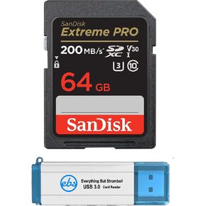 تعمل بطاقة SanDisk Extreme Pro SDXC UHS-I سعة 64 جيجابايت مع كاميرا Canon بدون مرآة EOS R6 II (SDSDXXY-064G-GN4IN) حزمة الفئة 10 U3 مع (1) كل شيء ما عدا Stromboli 3.0 قارئ بطاقات الذاكرة Micro & SD