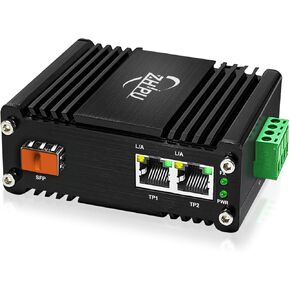 Mini Industrial SFP Fiber to Ethernet Media Converter Supports DIN-Rail Installation, 1x 100/1000Base-X SFP Slots to 2X 10/100/1000Base-T RJ45 Gigabit 2 Port Fiber Converter, 12~48V DC Power Input
