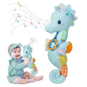Coqin Baby Toy,Infant Musical Stuffed Animals Soft Toy, with Multi-Sensory Crinkle, Rattle and Textures, for Tummy Time Newborn 0-3-6-12 Months Girls- Pink
