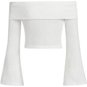 SOLY HUX Girl's Off Shoulder T-Shirt Flounce Sleeve Rib Knit Tees Slim Fit Tops