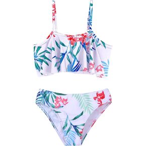 Arshiner Girls Swimsuit Two Pieces Bikini Set Ruffle Bathing Suits Flounced Tankini Swimwear Salmon - Flower for 11-12 Years