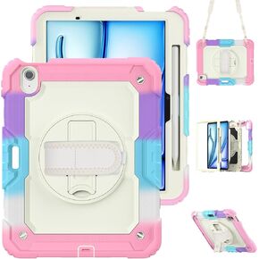 for iPad Air 11 inch Case 2024 (M2), Protective 360° Rotating Stand Hand/Shoulder Strap, Pencil Holder & Shockproof Silicone and Hard PC Case for iPad Air 11", Pink