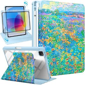 for iPad Pro 12.9 Case Folio Cover with Pencil Holder Girls Women Kids Cute Girly Strawberry Kawaii Teens Flower Rotating Stand for Apple iPad Pro 12.9 Inch Cases 2022/2021/2020/2018