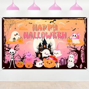 Happy Halloween Backdrop Orange Pink Halloween Backdrop for Kids Cute Ghost Pumpkin Spooky Castle Halloween Banner Halloween Photo Booth Background