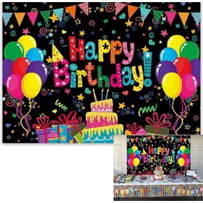 BINQOO 7x5FT Colorful Happy Birthday Backdrop Balloons Colorful Cake Background for Children Birthday Girls Boys Cartoon Birthday Party Celebrate Banner Props