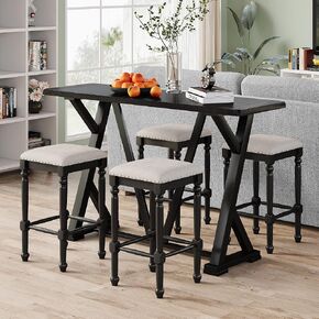 Voohek, Antique Brown 5-Piece Industrial Style Dining Table Set, Chairs, Upholstered Seats & Backrest, 4 Adjusting Metal Feet, Suitable for Kitchen, Restaurant, Bars