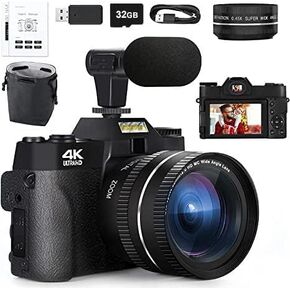 كاميرات رقمية بدقة 4K للتصوير الفوتوغرافي، وكاميرا تكبير رقمية 16X، وكاميرا فيديو بزاوية واسعة وعدسات ماكرو، وكاميرا تسجيل فيديو بشاشة قلاب لليوتيوب، وميكروفون خارجي، وبطاقة TF سعة 32 جيجابايت - أسود in Kuwait