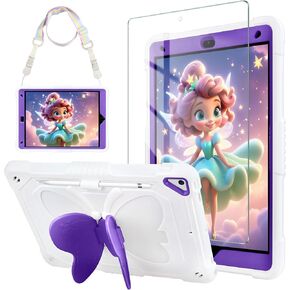 for iPad 9th 8th Generation Case iPad 10.2 Case Kids Girls Tablet Cases with Screen Protector Purple Butterfly Stand Shoulder Strap, Protective Case for iPad 9th 8th 7th Gen 10.2''