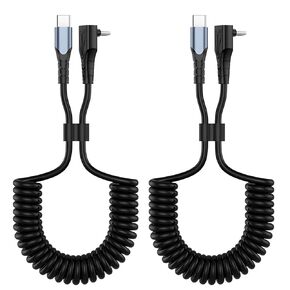 2 Pack Coiled USB C to USB C Cable - 90 Degree Right Angle Type C, 60W Fast Charging, Retractable Spring Spiral, USB-C Charger Cord with Data Sync for iPhone 15 pro max, Galaxy S24/S23,Pixel