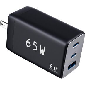 شاحن USB C حاد، 65 وات، 3 منافذ (USB 1A+2C)، شحن سريع GaN مدمج قابل للطي لأجهزة MacBook Pro/Air، iPad Pro، Galaxy S23، Dell XPS 13، Note 20/10+، iPhone 15/Pro، والمزيد - أبيض