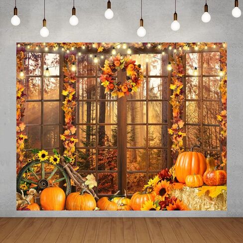 Fall Backdrop 10x8ft Autumn Forest Window Thanksgiving Background Pumpkin Hay Maple Leaves Harvest Friendsgiving Fall Festival Backdrop for Pictures Thanksgiving Party Decorations Banner in Saudi Arabia