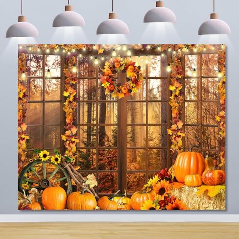 Fall Backdrop 10x8ft Autumn Forest Window Thanksgiving Background Pumpkin Hay Maple Leaves Harvest Friendsgiving Fall Festival Backdrop for Pictures Thanksgiving Party Decorations Banner in Saudi Arabia