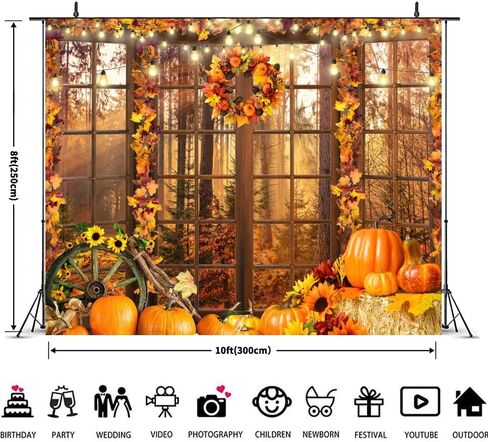 Fall Backdrop 10x8ft Autumn Forest Window Thanksgiving Background Pumpkin Hay Maple Leaves Harvest Friendsgiving Fall Festival Backdrop for Pictures Thanksgiving Party Decorations Banner in Saudi Arabia