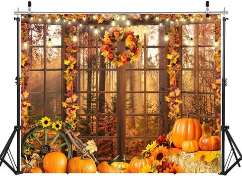 Fall Backdrop 10x8ft Autumn Forest Window Thanksgiving Background Pumpkin Hay Maple Leaves Harvest Friendsgiving Fall Festival Backdrop for Pictures Thanksgiving Party Decorations Banner in Saudi Arabia