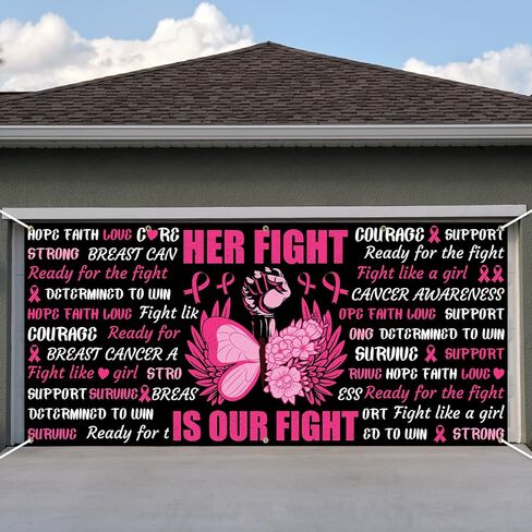 Avezano Breast Cancer Awareness Garage Door Banner 6x13Ft Her Fight is Our Fight October Breast Cancer Decoration Pink Ribbon Butterfly Powerful Fist Backdrop Outdoor Decor (157.48" L x 72.83" W) in Saudi Arabia