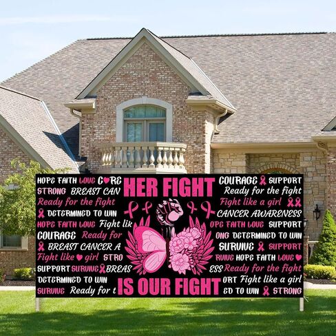 Avezano Breast Cancer Awareness Garage Door Banner 6x13Ft Her Fight is Our Fight October Breast Cancer Decoration Pink Ribbon Butterfly Powerful Fist Backdrop Outdoor Decor (157.48" L x 72.83" W) in Saudi Arabia