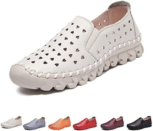Women's Soft Leather Ortho 4D Pain Relief Loafers,Hollow Slip-on Flat Orthopedic Sneakers,Fashion Breathable Hand-Stitching Non-Slip Mom Comfort Walking Shoes in Kuwait