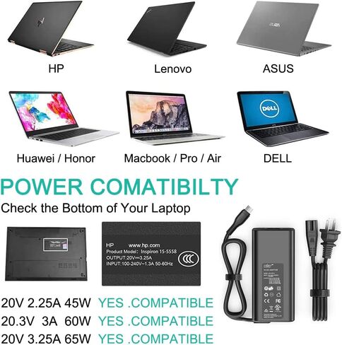 HKY 65W USB Type C Charger Compatible with Dell Inspiron 13 5310 XPS 13 Dell Chromebook Latitude 7420 7400 7370 7320 5520 5500 5400 5300 5310 5320 3100 Laptop Surface pro 10 Tablet Power Supply Cord in Kuwait